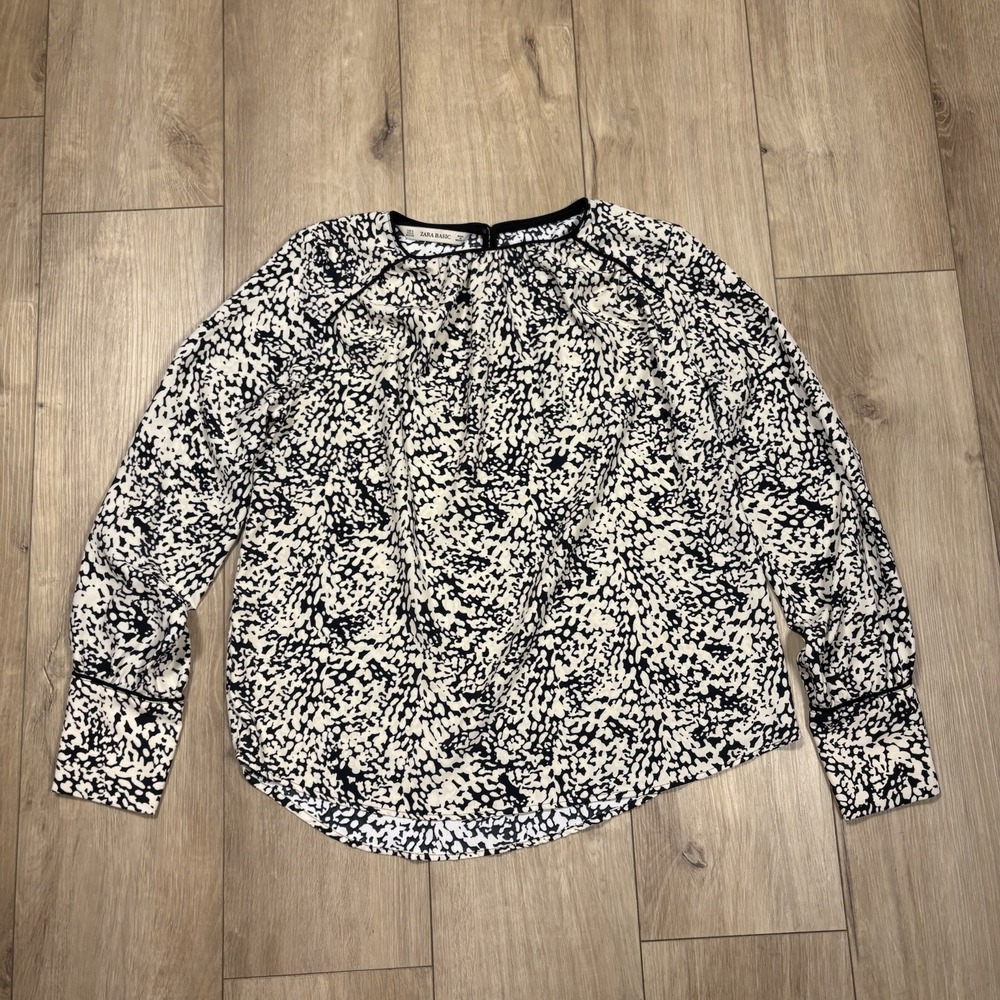 Zara Basic Blouse Womens S Black White Abstract Print Long Sleeve Shirt Piped